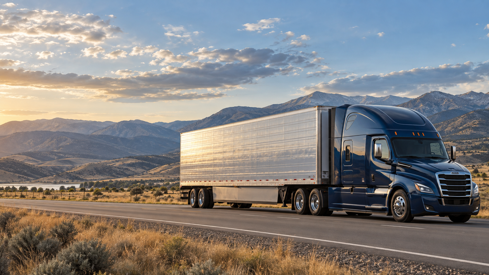 Semi truck on a scenic highway with sunlight reflecting off its trailer